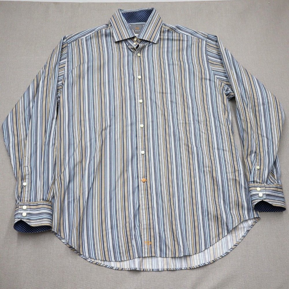 THOMAS DEAN Men's Size XL Striped Multicolor Blue Flip Cuffs Button Down Shirt